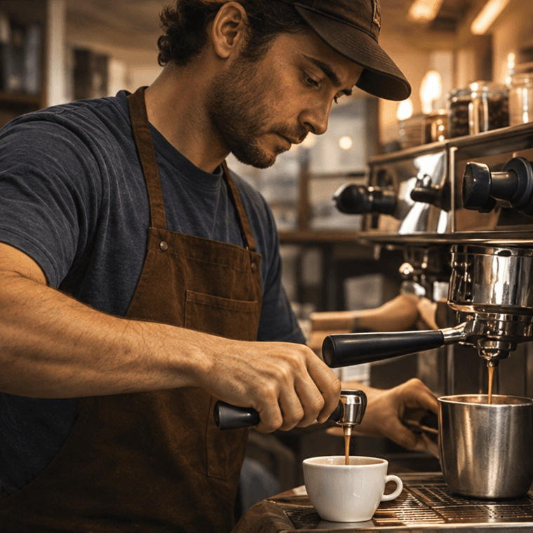 Still from a sample hero film: a barista pulling an espresso shot.